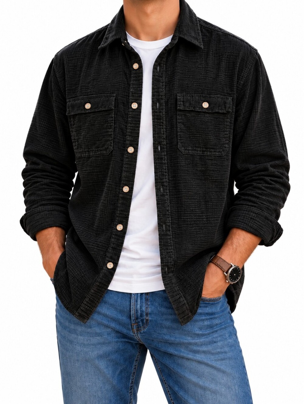 Mens S Black Crosscut Corduroy Shirt 100% Cotton Work Utility Heritage Outdoors